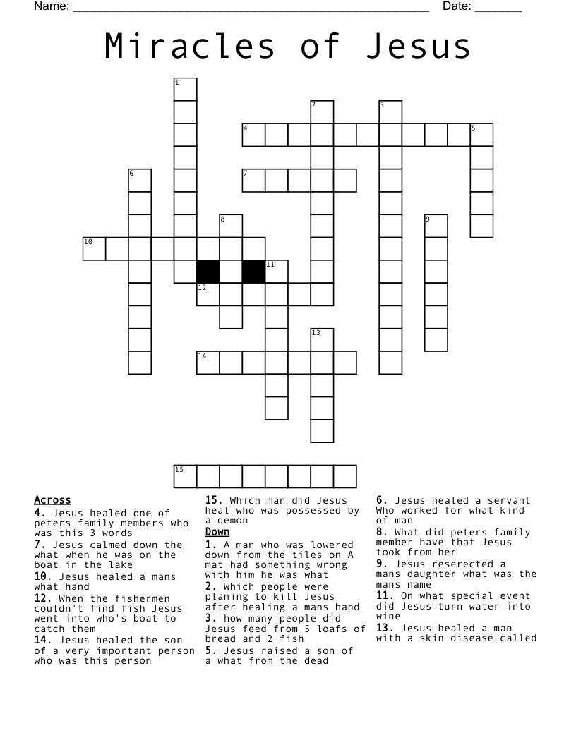 Miracles of Jesus  Crossword