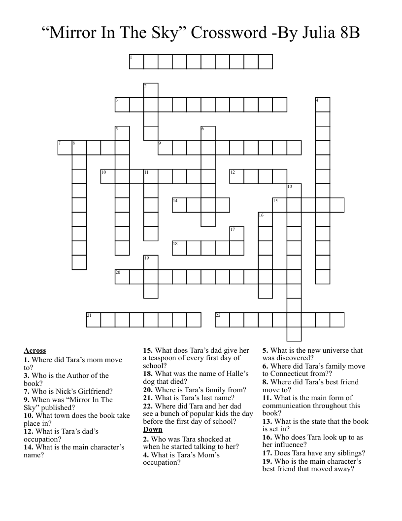 “Mirror In The Sky” Crossword -By Julia 8B