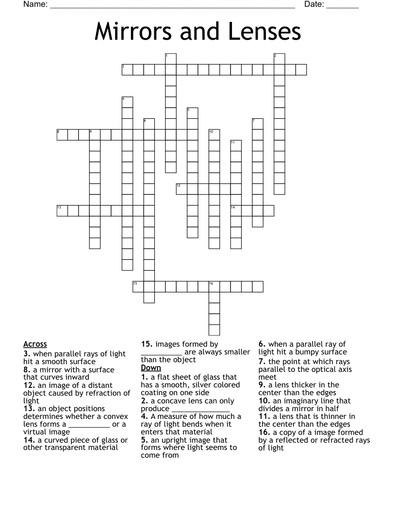 Mirrors and Lenses Crossword