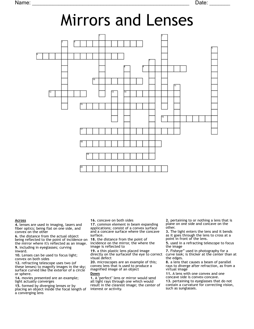 Mirrors and Lenses Crossword