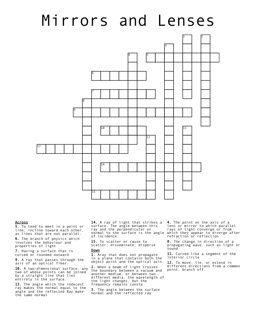 Mirrors and Lenses Crossword