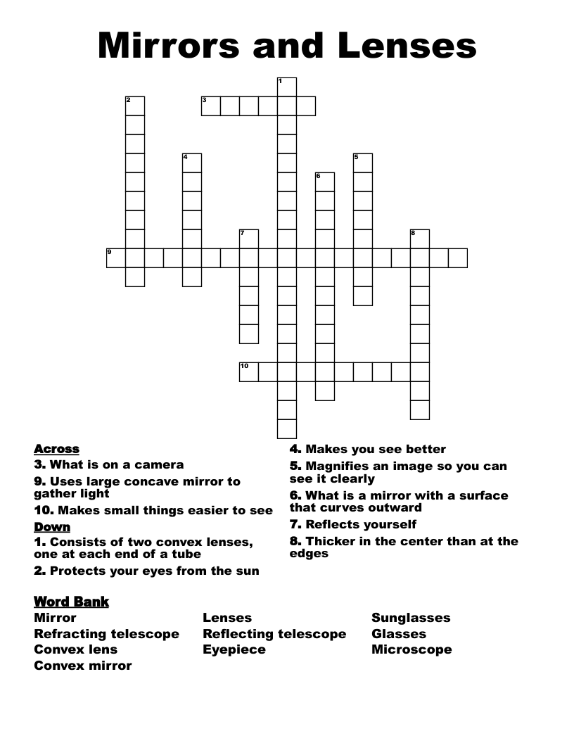 Mirrors and Lenses Crossword