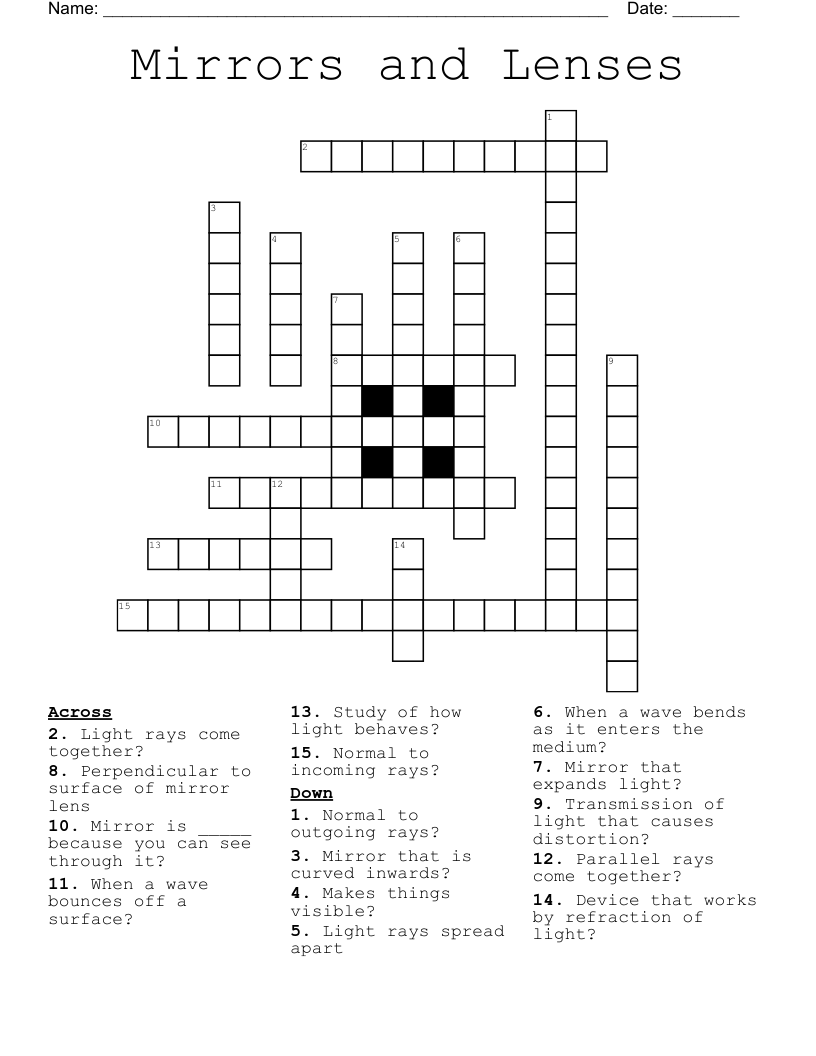 Mirrors and Lenses Crossword