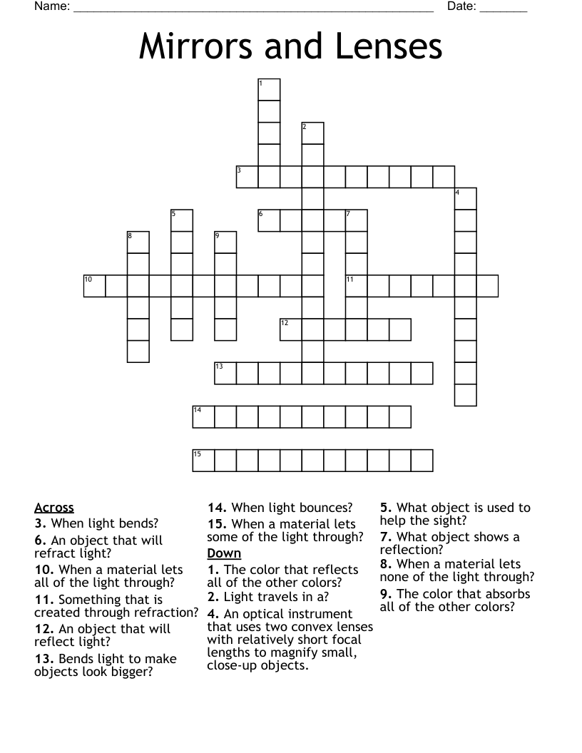 Mirrors and Lenses Crossword