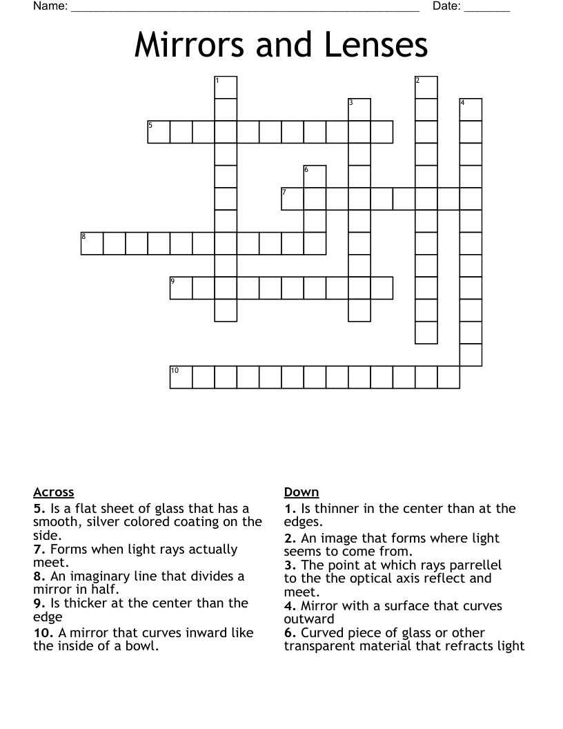 Mirrors and Lenses  Crossword