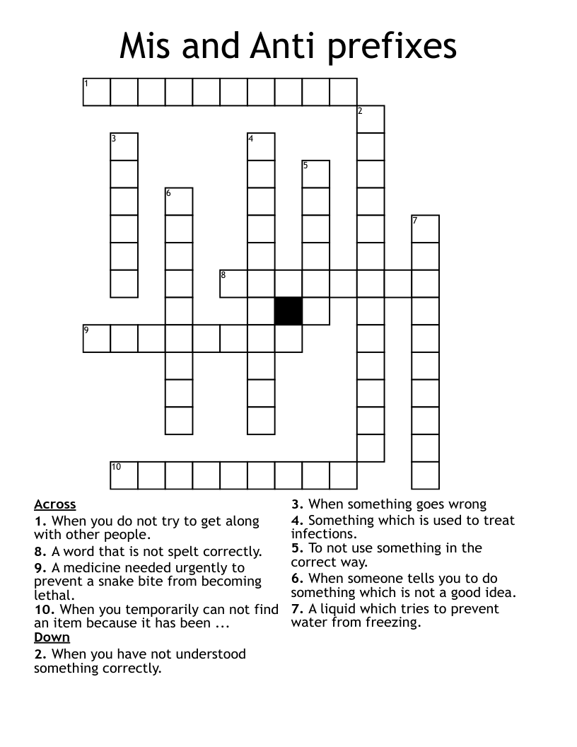 Mis and Anti prefixes Crossword