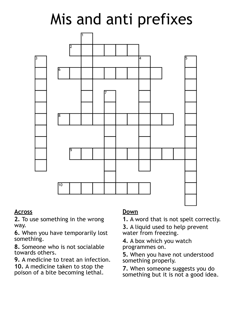 Mis and anti prefixes Crossword
