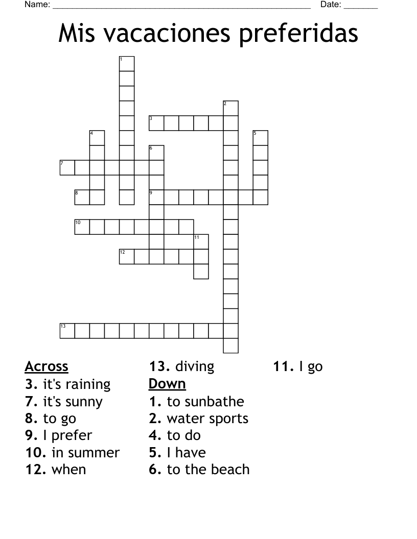 Mis vacaciones preferidas Crossword