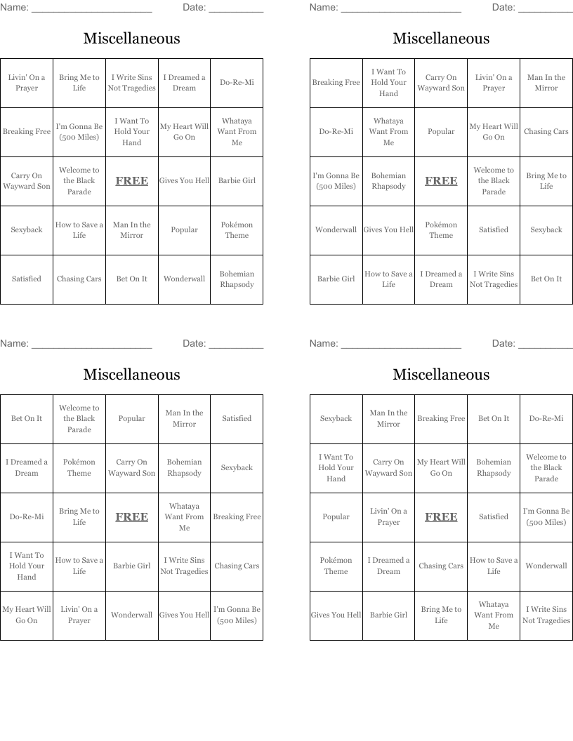 Miscellaneous Bingo Cards