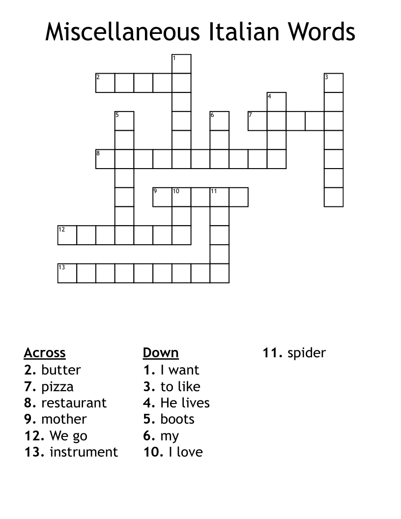Miscellaneous Italian Words Crossword