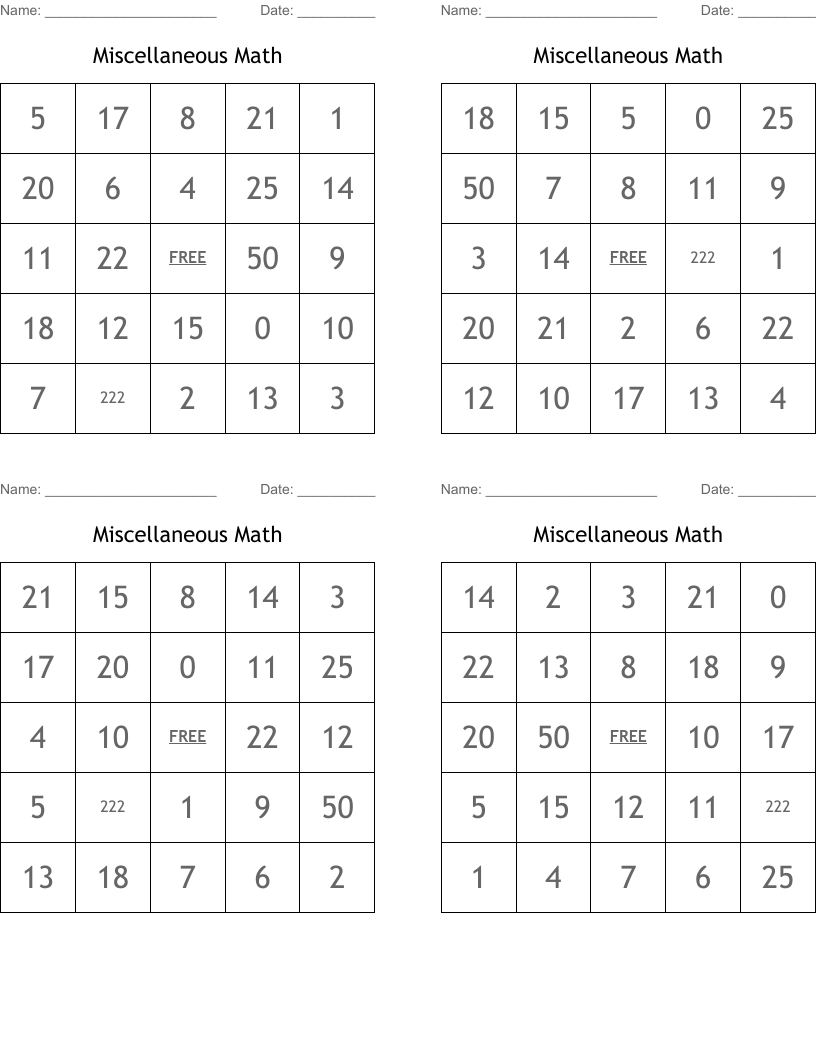 Miscellaneous Math Bingo Cards