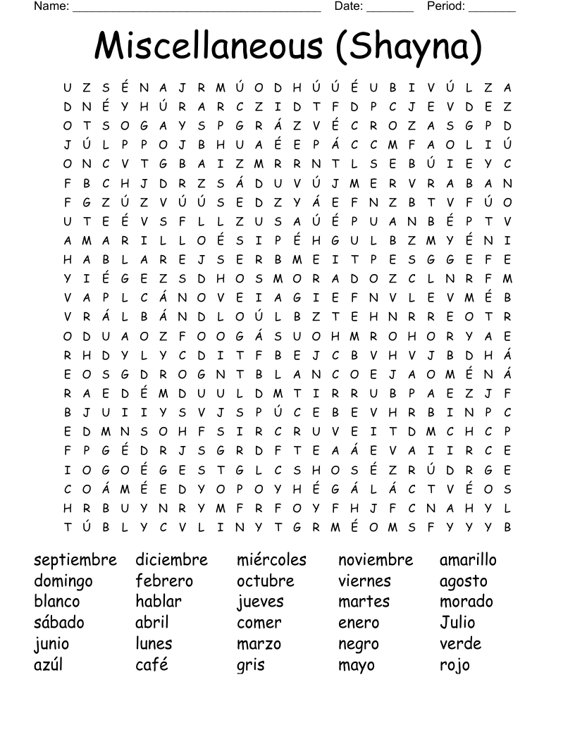 Miscellaneous (Shayna) Word Search