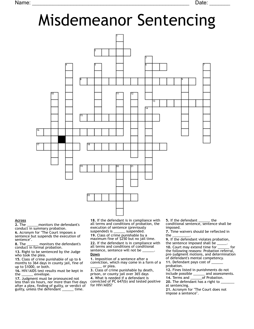 Misdemeanor Sentencing Crossword