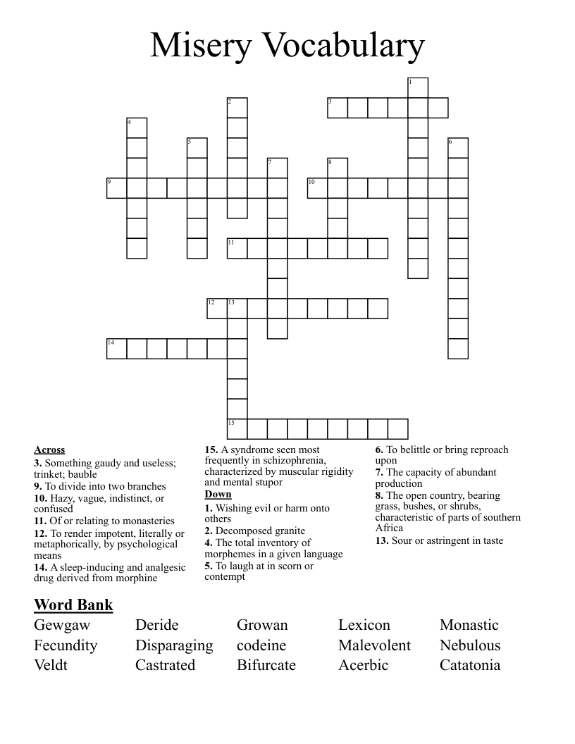 Misery Vocabulary  Crossword