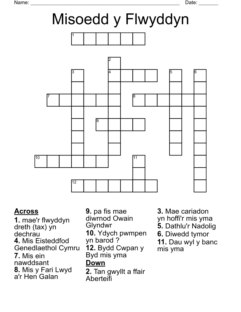Misoedd y Flwyddyn Crossword