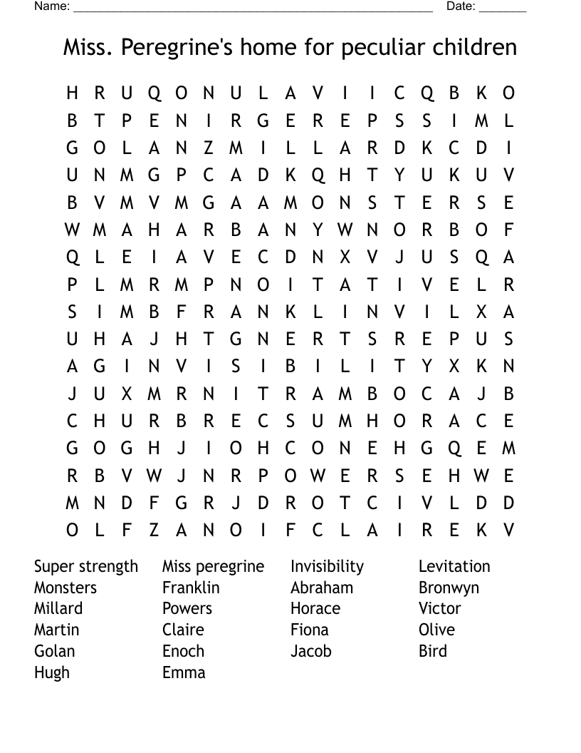 Miss. Peregrine's home for peculiar children  Word Search