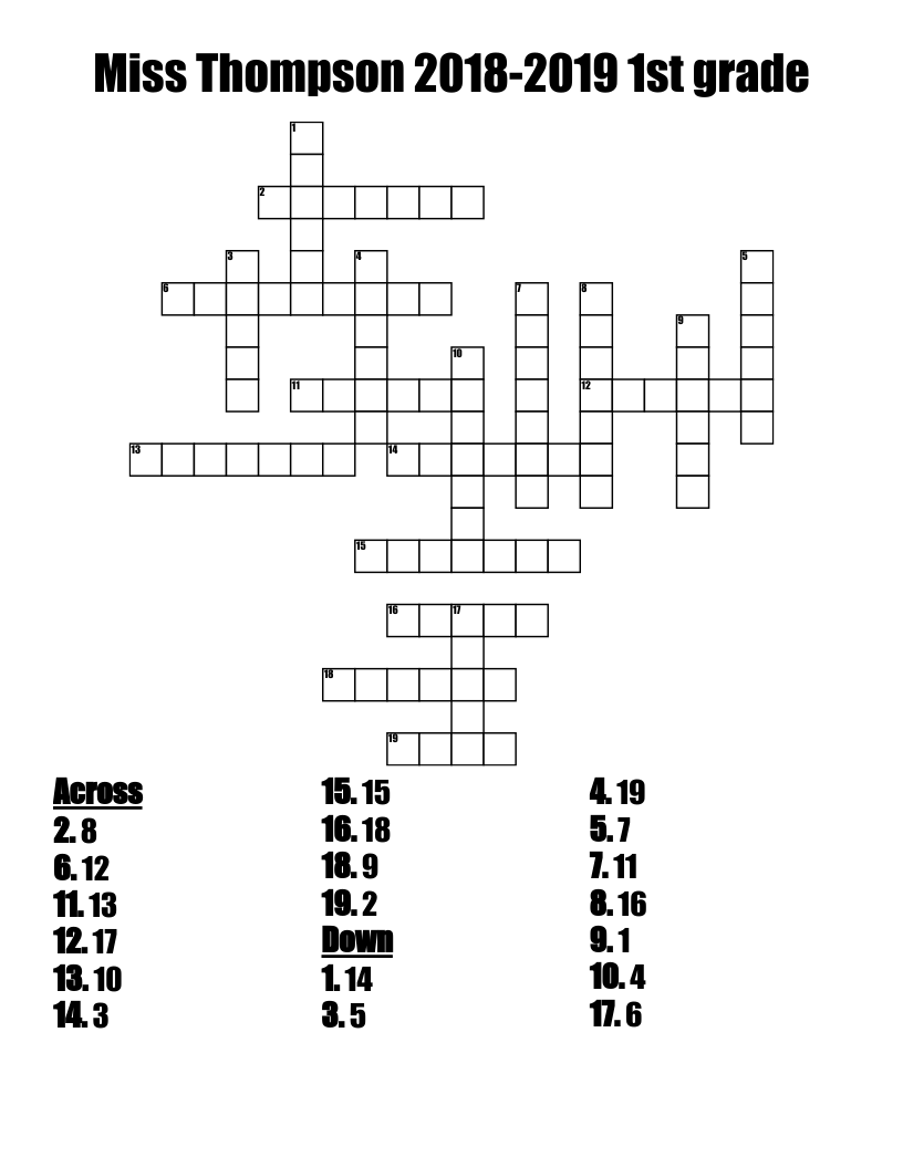 Miss Thompson 2018-2019 1st grade Crossword