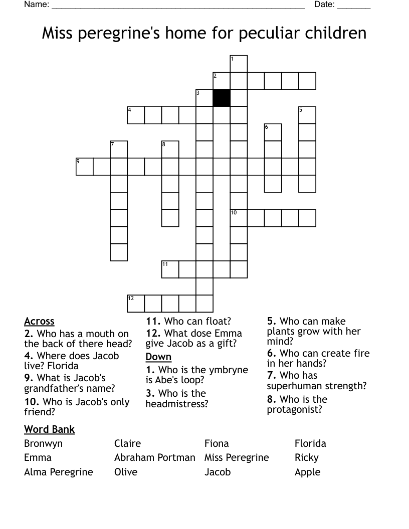 Miss peregrine's home for peculiar children Crossword