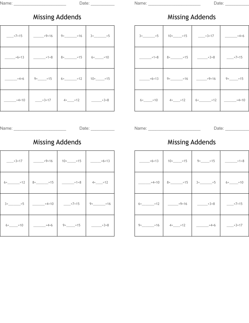 Missing Addends Bingo Cards