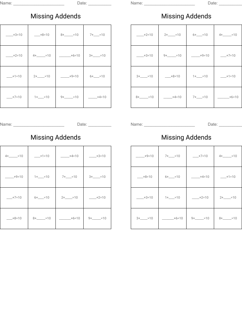 Missing Addends  Bingo Cards