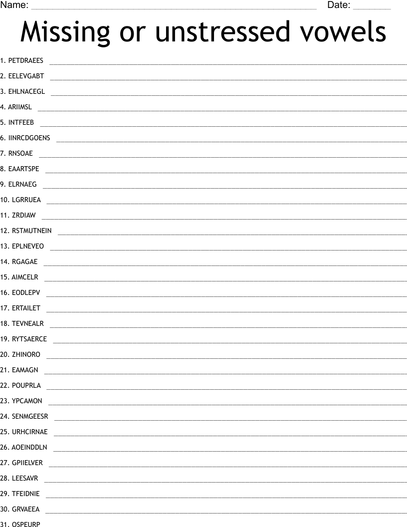 Missing or unstressed vowels Word Scramble