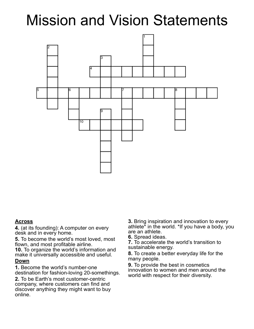 Mission and Vision Statements Crossword