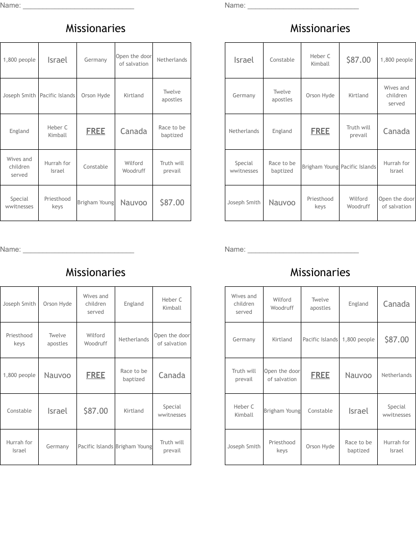 Missionaries Bingo Cards