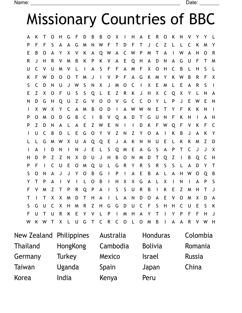 Missionary Countries of BBC Word Search