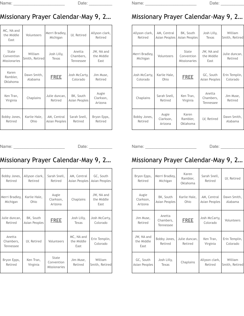 Missionary Prayer Calendar-May 9, 2019 Bingo Cards