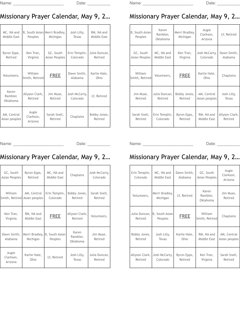 Missionary Prayer Calendar, May 9, 2019 Bingo Cards