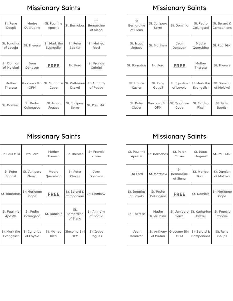 Missionary Saints Bingo Cards