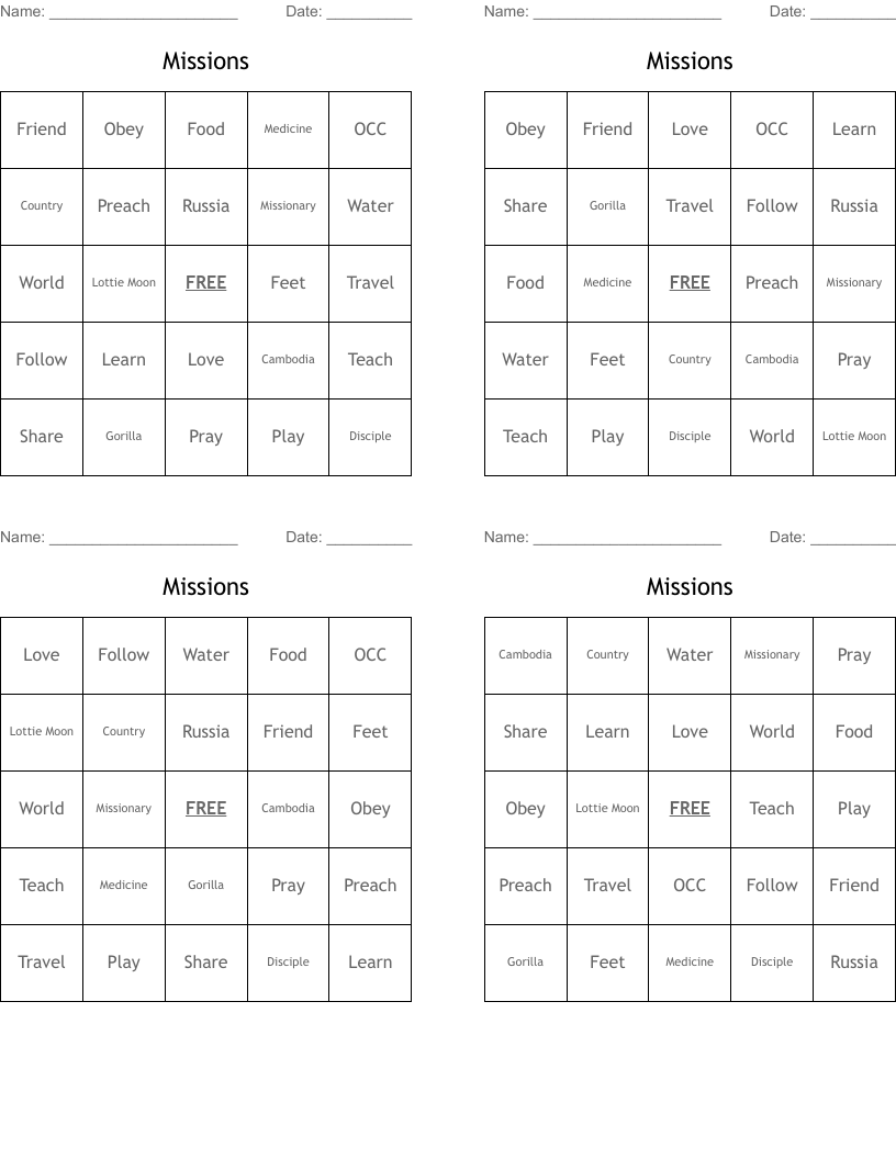 Missions Bingo Cards