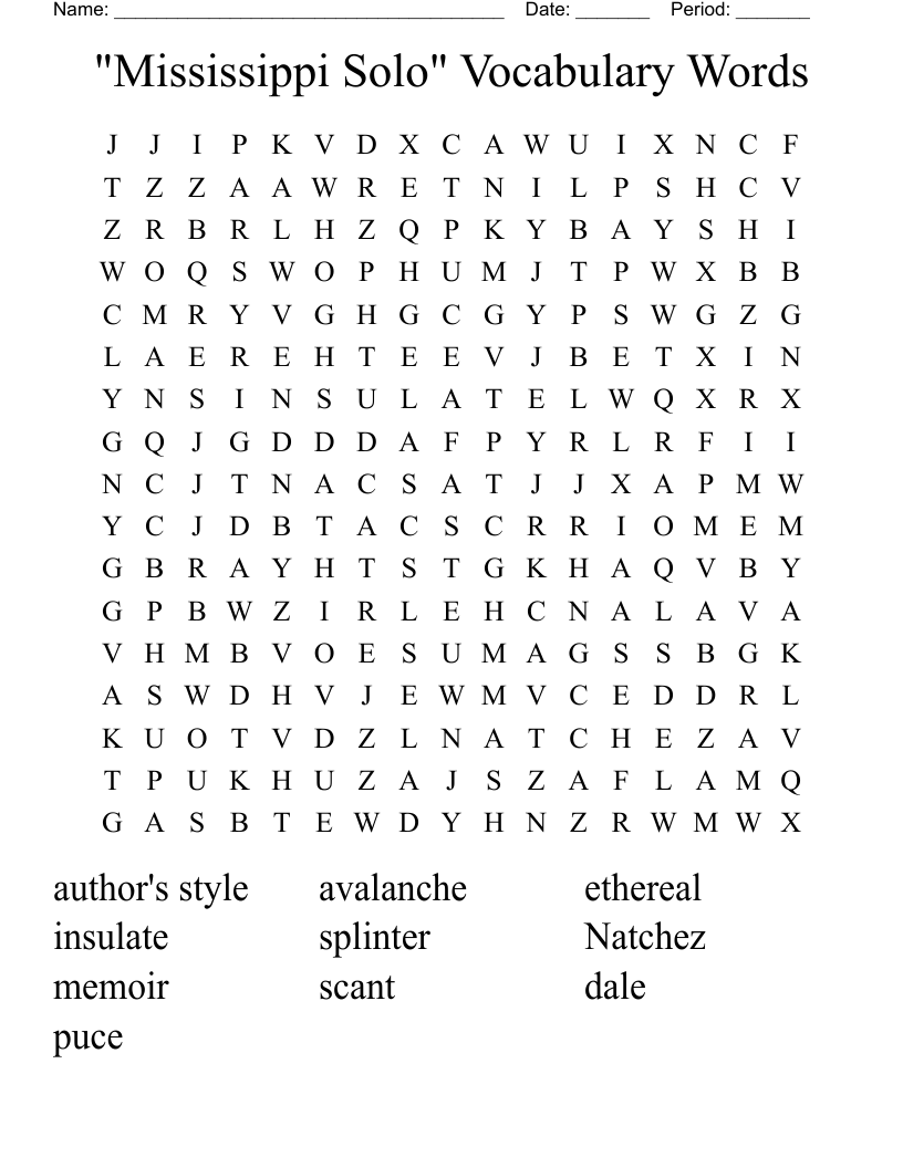 "Mississippi Solo" Vocabulary Words Word Search