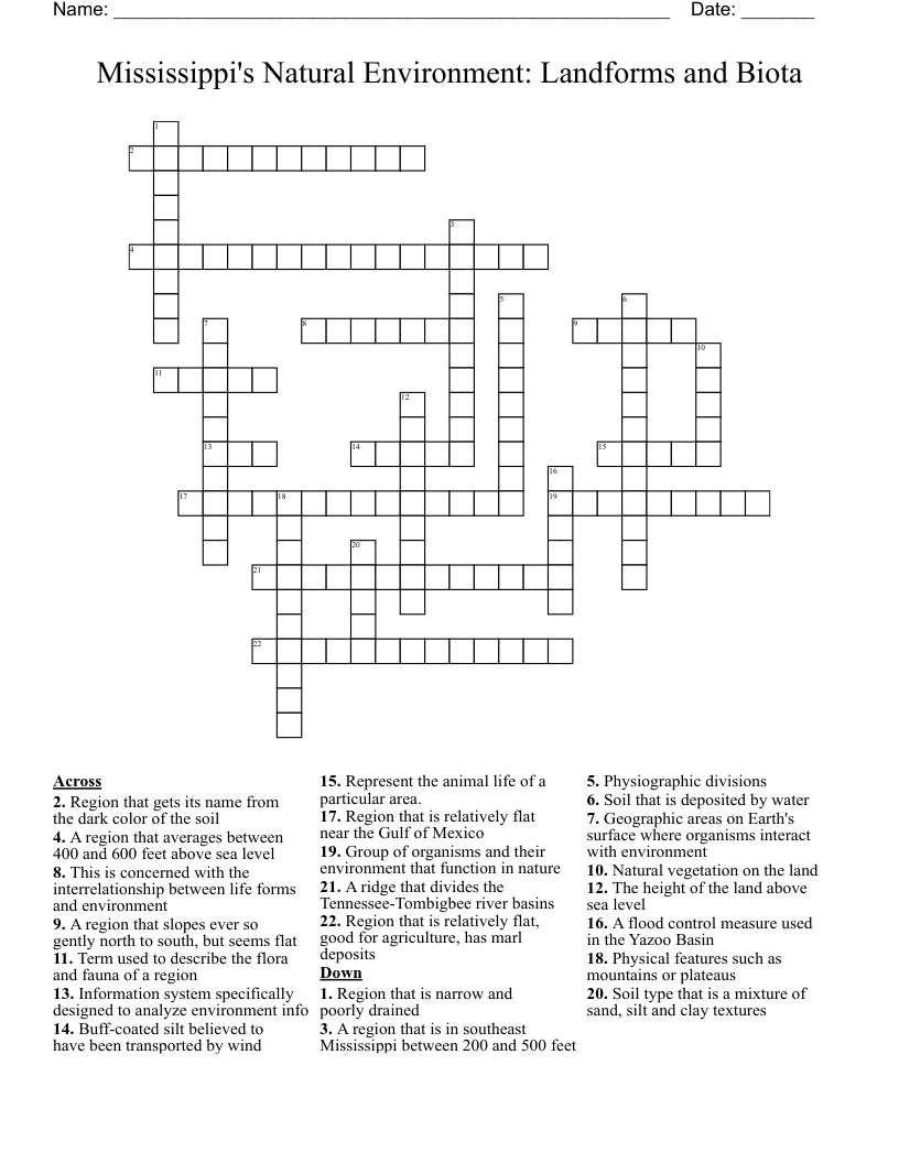 Mississippi's Natural Environment:  Landforms and Biota Crossword