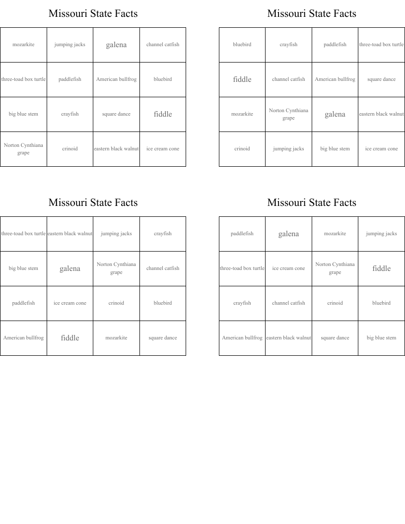 Missouri State Facts Bingo Cards
