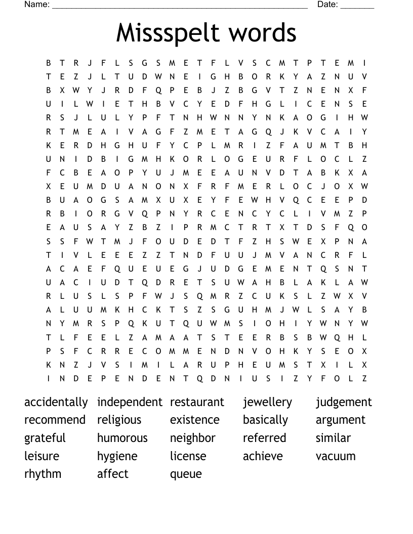 Missspelt words Word Search