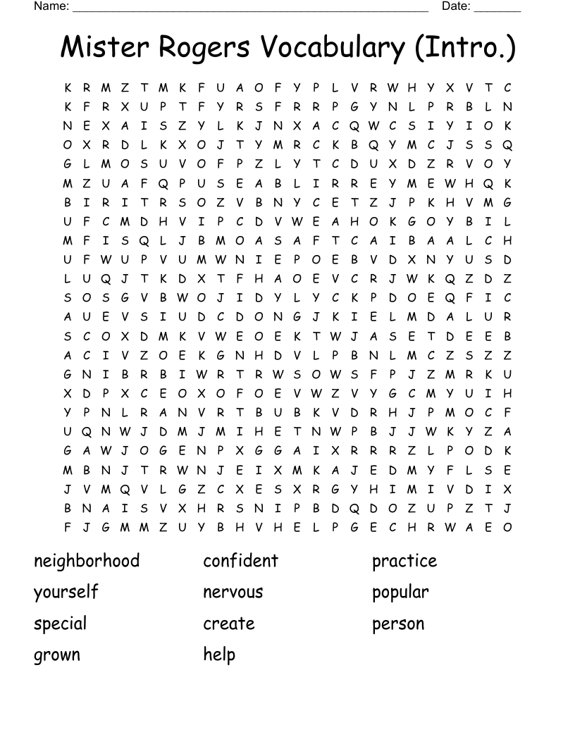 Mister Rogers Vocabulary (Intro.) Word Search