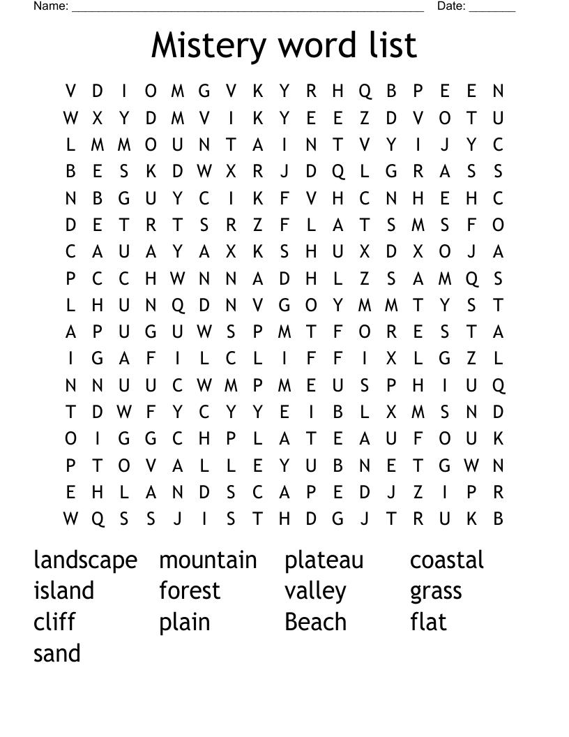 Mistery word list Word Search