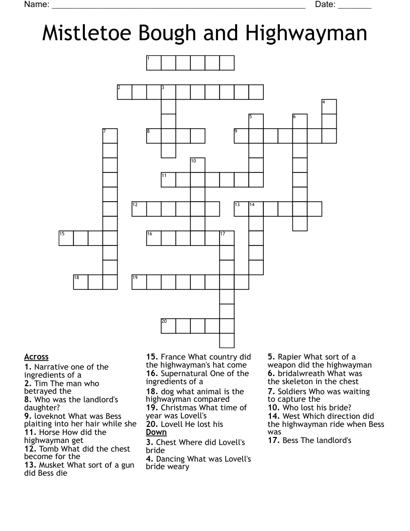 Mistletoe Bough and Highwayman Crossword