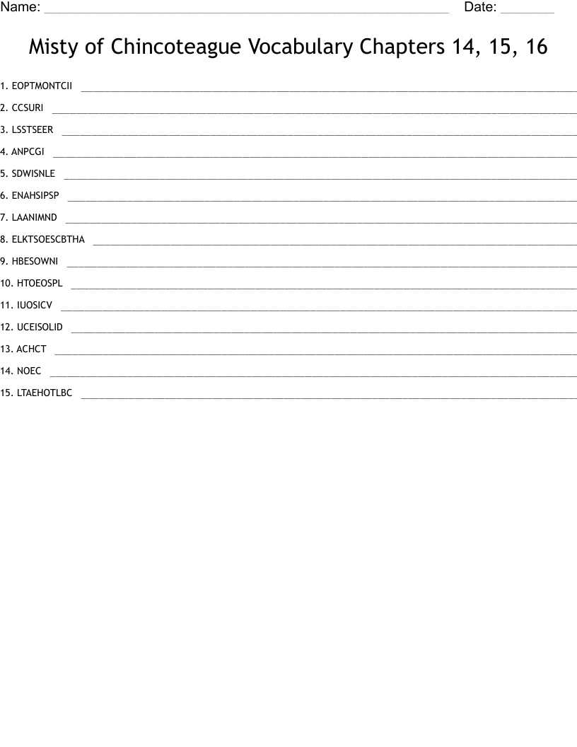 Misty of Chincoteague Vocabulary Chapters 14, 15, 16 Word Scramble