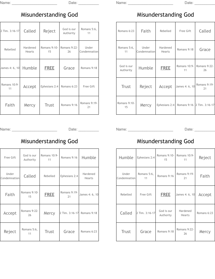 Misunderstanding God Bingo Cards
