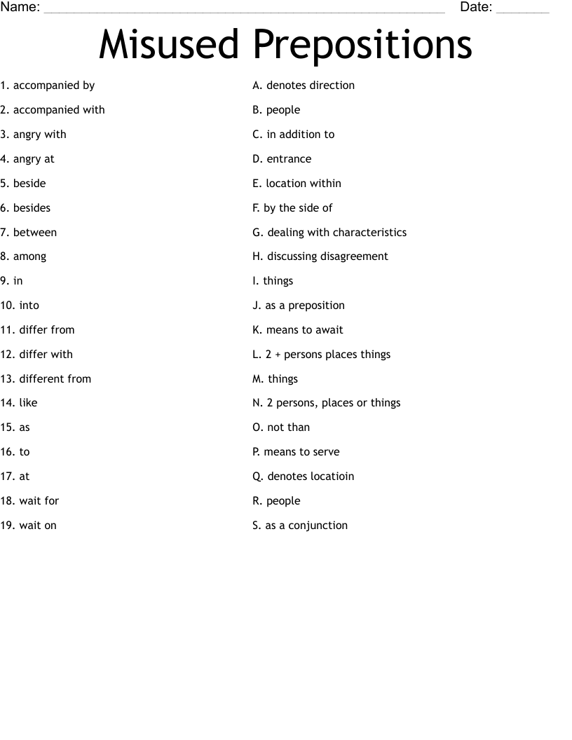 Misused Prepositions Worksheet