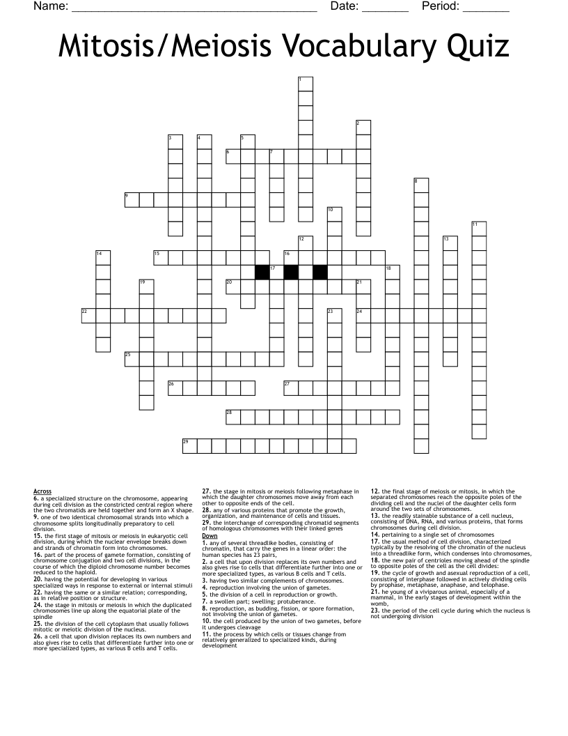 Mitosis/Meiosis Vocabulary Quiz Crossword