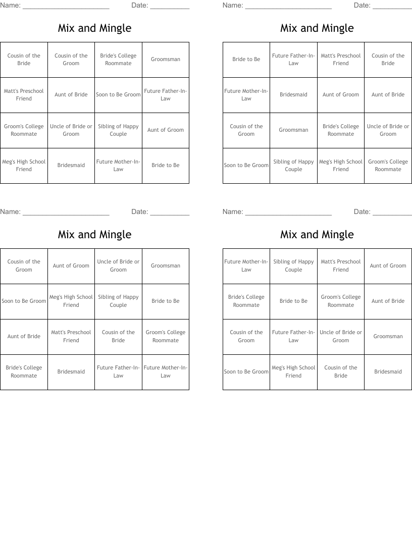 Mix and Mingle Bingo Cards