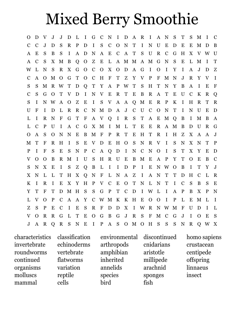 Mixed Berry Smoothie Word Search