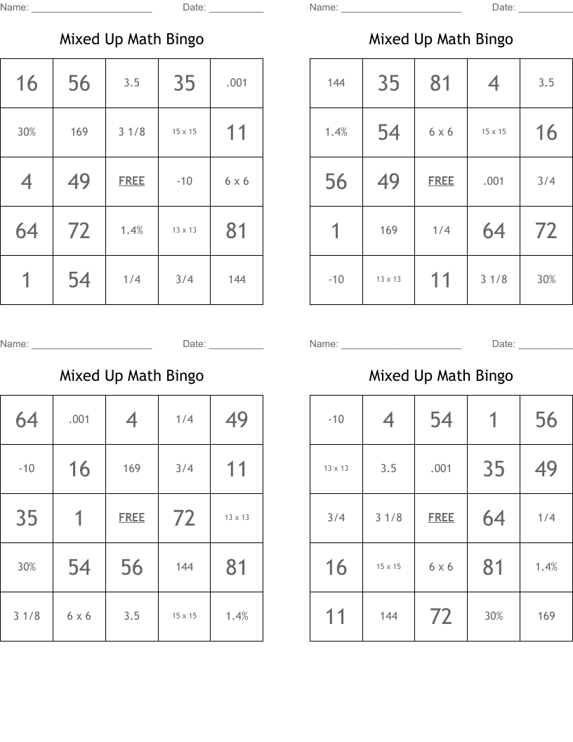 Mixed Up Math Bingo