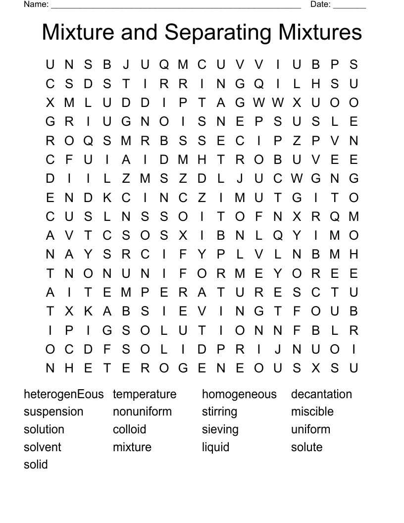 Mixture and Separating Mixtures Word Search
