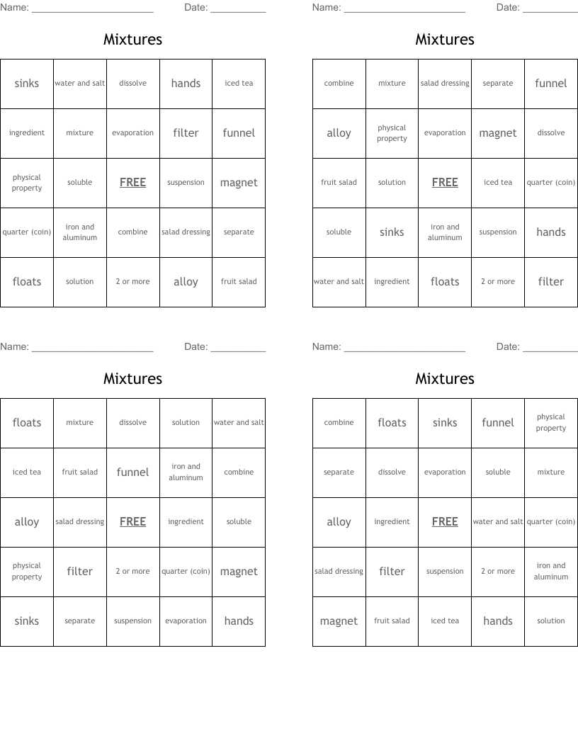 Mixtures Bingo Cards
