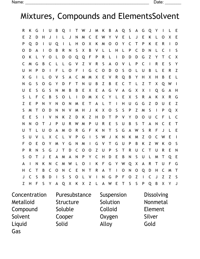 Mixtures, Compounds and ElementsSolvent Word Search