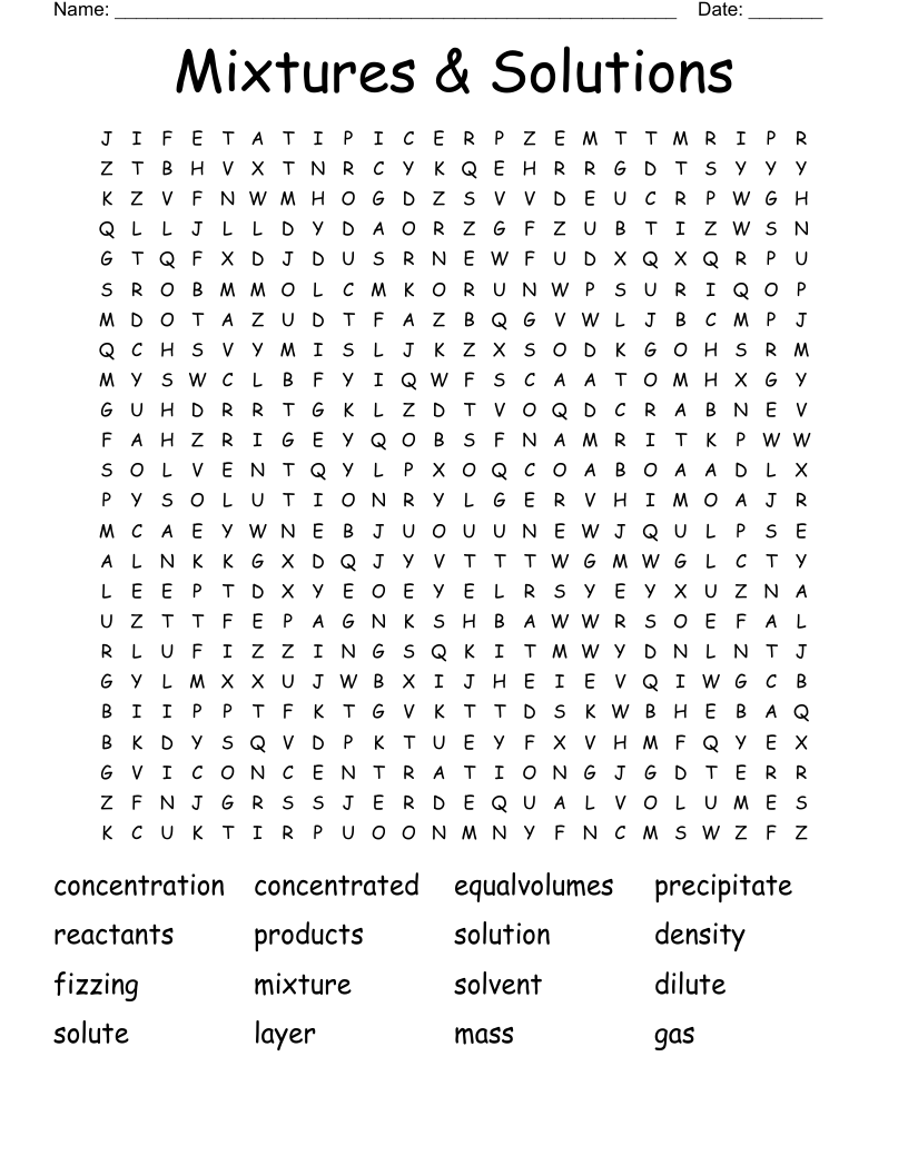 Mixtures & Solutions Word Search